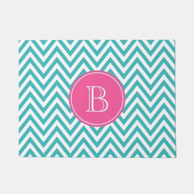 Turquoise and Hot Pink Chevron Custom Monogram Doormat (Front)