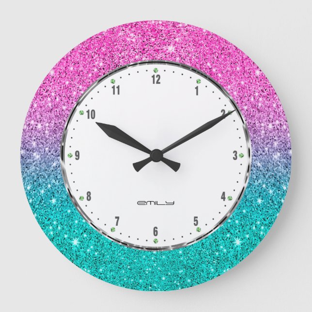 Turquoise and hot pink faux glitter ombre large clock (Front)