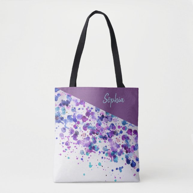 Turquoise and Lavender Paint Splatter Print Tote Bag (Front)