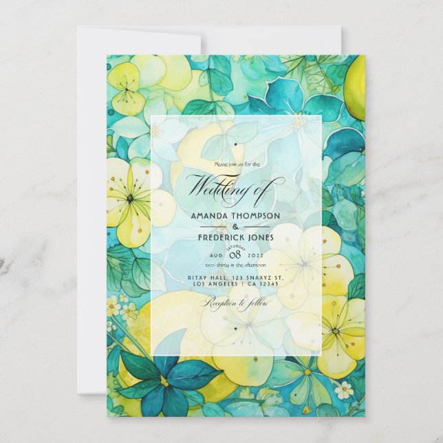 Turquoise and Lemon Floral Wedding Invitation (Front)