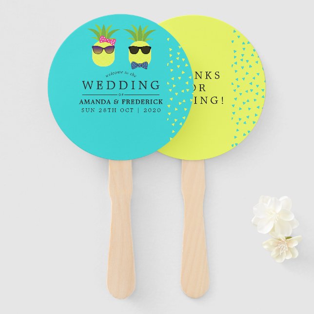 Turquoise and Lemon Summer Beach Wedding Favour Hand Fan (Front and Back)
