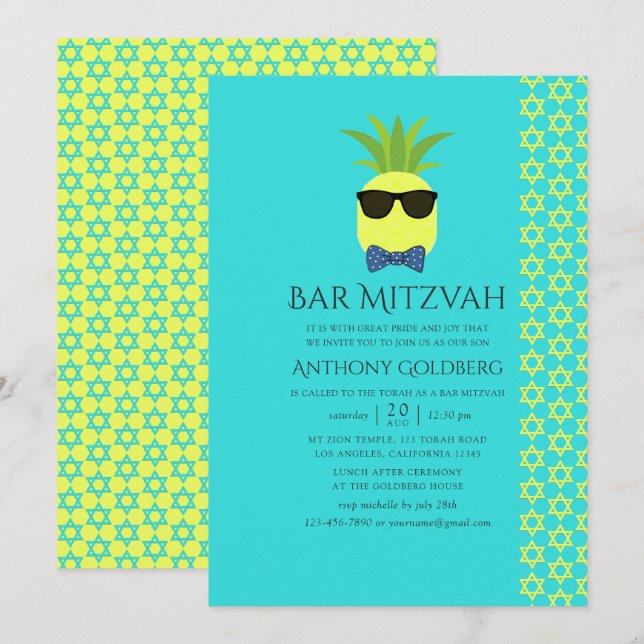 Turquoise and Lemon Tropical Summer Bar Mitzvah Invitation (Front/Back)