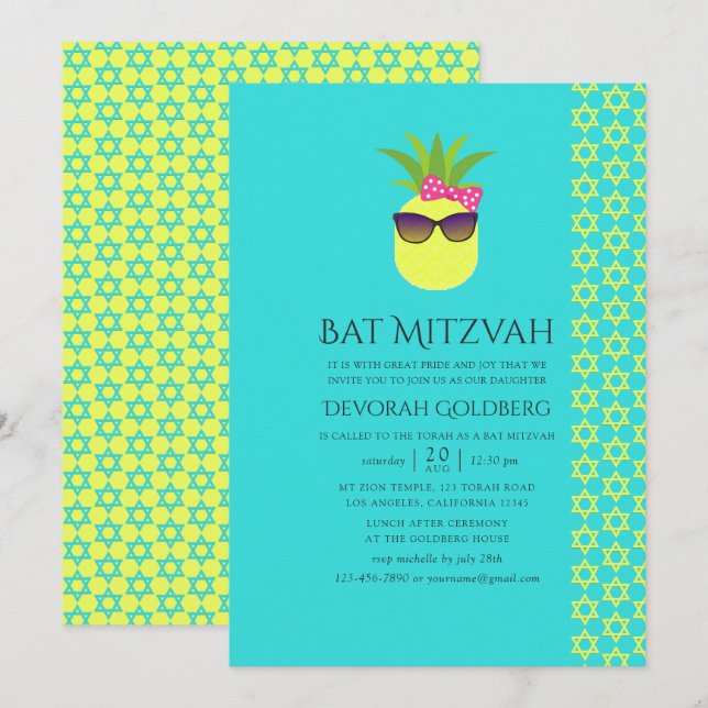 Turquoise and Lemon Tropical Summer Bat Mitzvah Invitation (Front/Back)