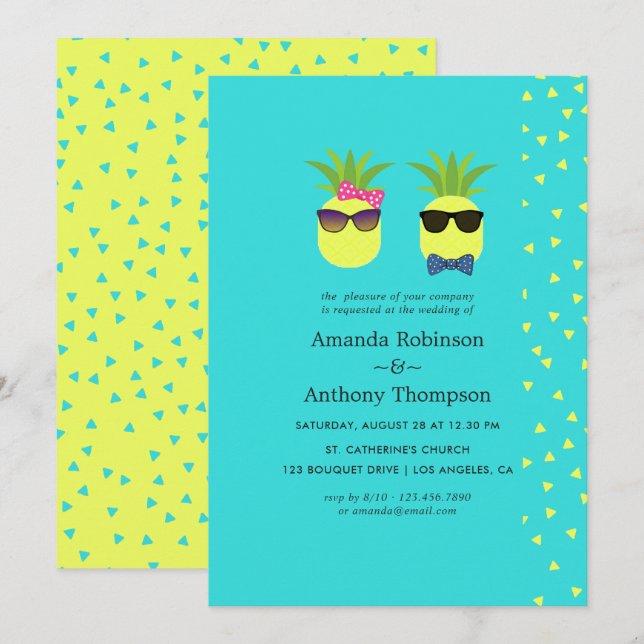 Turquoise and Lemon Tropical Summer Beach Wedding Invitation (Front/Back)