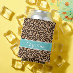 Turquoise and Leopard Print Custom Monogram Can Cooler