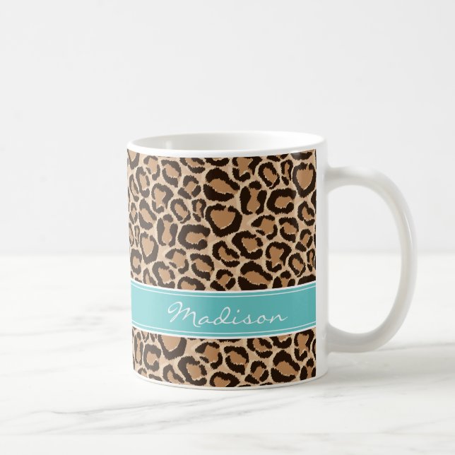 Turquoise and Leopard Print Custom Monogram Coffee Mug (Right)