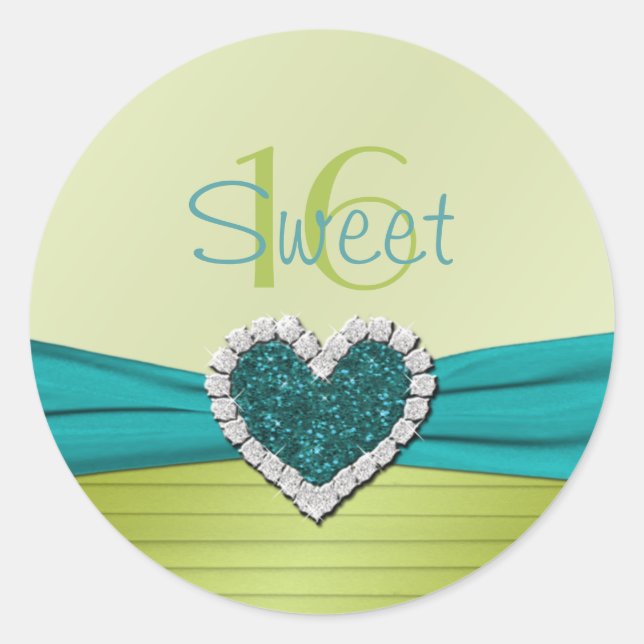 Turquoise and Lime Glitter Heart Sweet Sixteen Classic Round Sticker (Front)