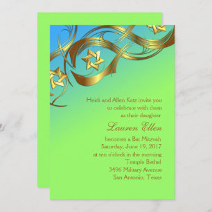 Turquoise and Lime Gold Stars Flourish Invitation