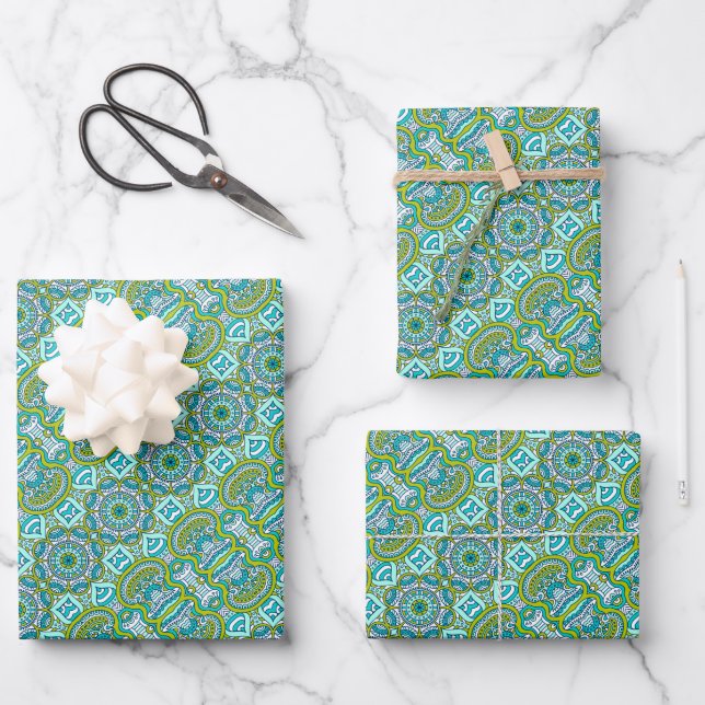 Turquoise and Lime Green Circle Mandala   Wrapping Paper Sheet (Front)