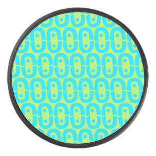Turquoise and Lime Green Geometric Pattern Hockey Puck