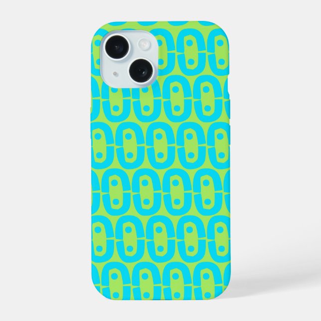 Turquoise and Lime Green Geometric Pattern iPhone 15 Case (Back)