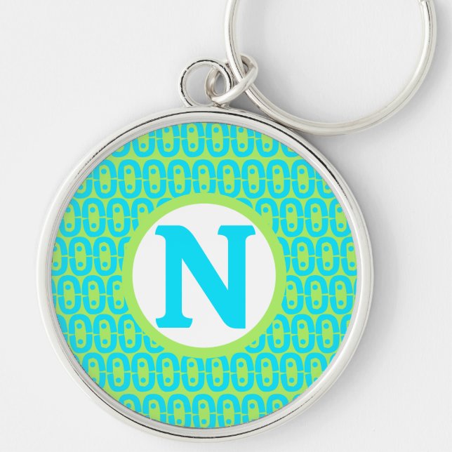 Turquoise and Lime Green Geometric Pattern Key Ring (Front)