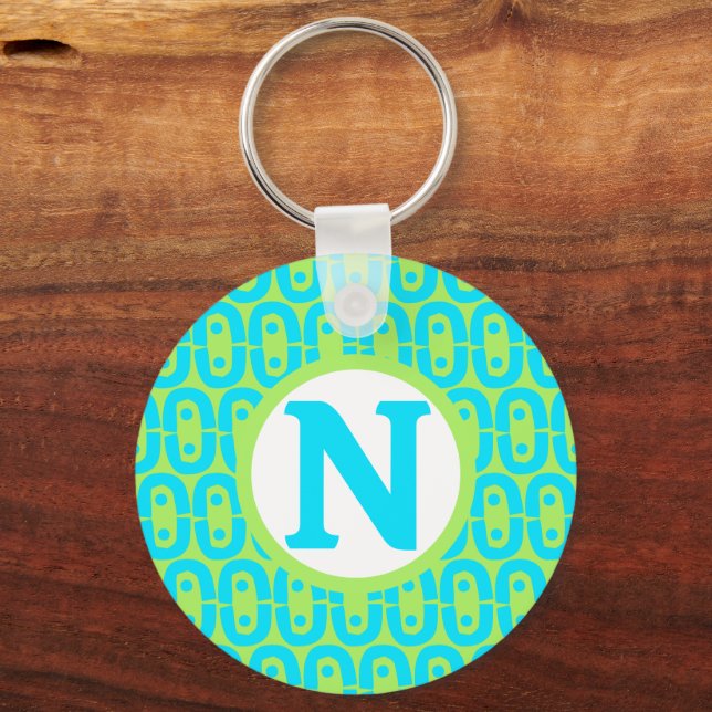 Turquoise and Lime Green Geometric Pattern Key Ring (Back)