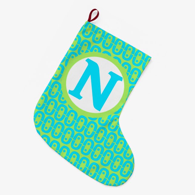 Turquoise and Lime Green Geometric Pattern Large Christmas Stocking (Front (Hanging))