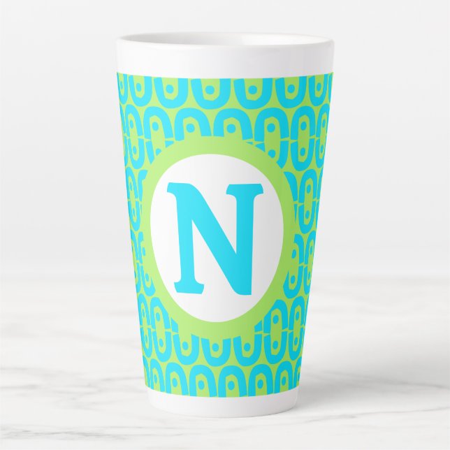 Turquoise and Lime Green Geometric Pattern Latte Mug (Front)