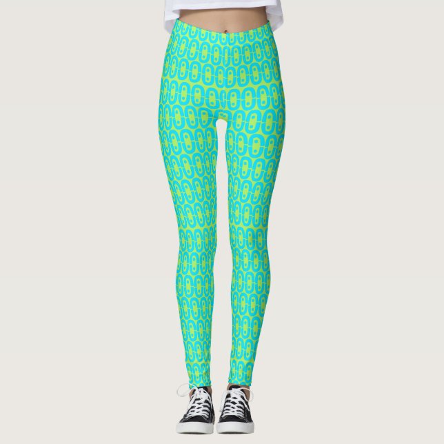 Turquoise and Lime Green Geometric Pattern Leggings (Front)