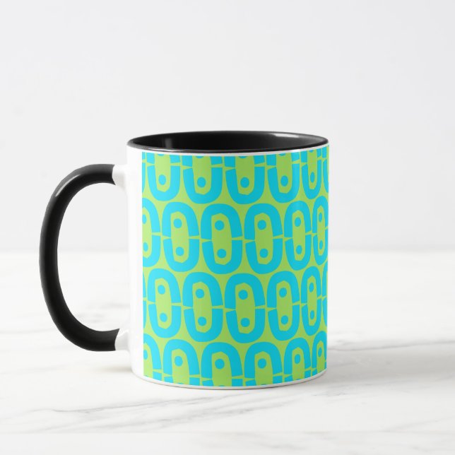 Turquoise and Lime Green Geometric Pattern Mug (Left)