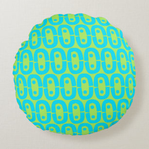 Turquoise and Lime Green Geometric Pattern Round Cushion