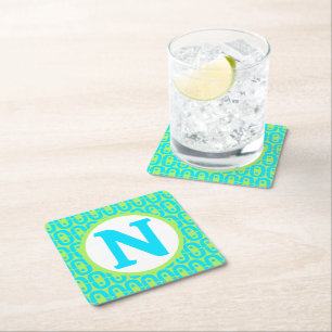 Turquoise and Lime Green Geometric Pattern Square Paper Coaster