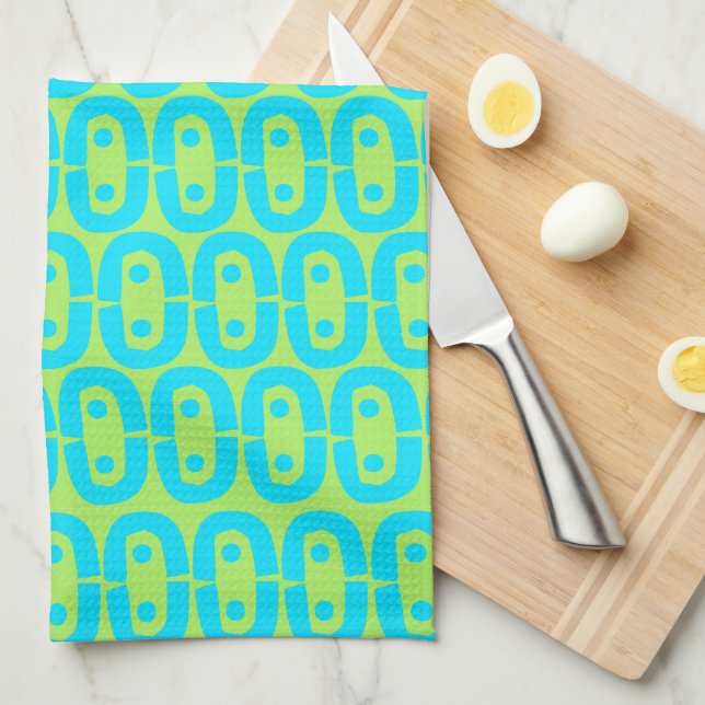 Turquoise and Lime Green Geometric Pattern Tea Towel (Quarter Fold)