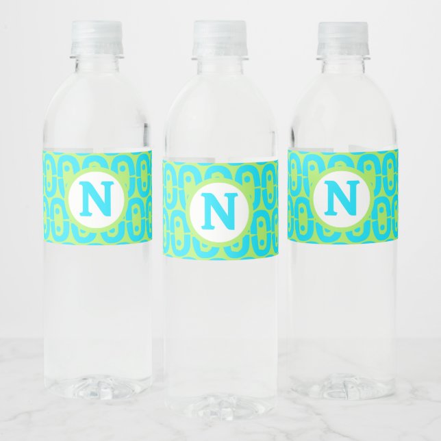 Turquoise and Lime Green Geometric Pattern Water Bottle Label (Bottles)