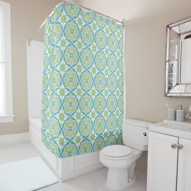 Turquoise and  Lime Green Shower Curtain (In Situ)