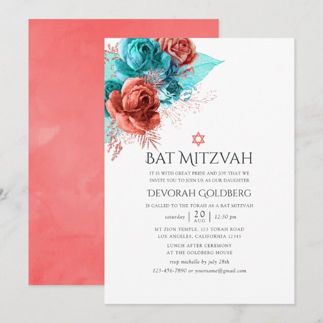 Turquoise and Living Coral Floral Bat Mitzvah Invitation (Front/Back)