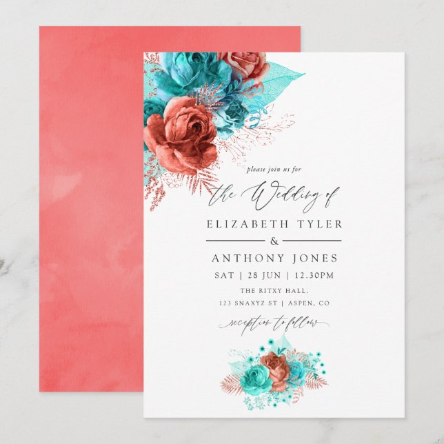Turquoise and Living Coral Floral Wedding Invitation (Front/Back)