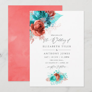 Turquoise and Living Coral Floral Wedding Invitation