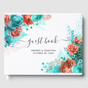 Turquoise and Living Coral Rustic Floral Wedding Guest Book