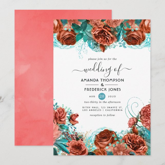 Turquoise and Living Coral Rustic Floral Wedding Invitation (Front/Back)