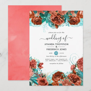 Turquoise and Living Coral Rustic Floral Wedding Invitation