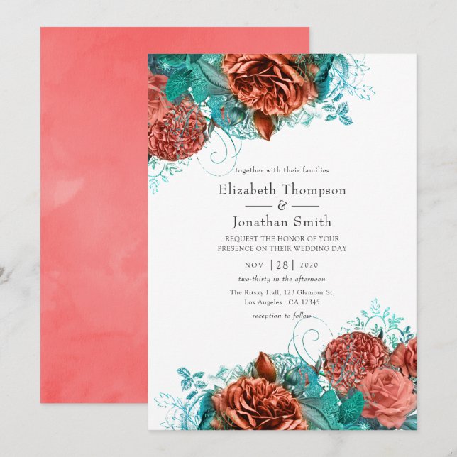 Turquoise and Living Coral Rustic Floral Wedding Invitation (Front/Back)