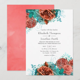 Turquoise and Living Coral Rustic Floral Wedding Invitation