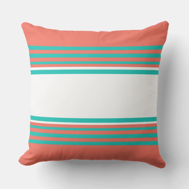 Turquoise and Living Coral Stripes Throw Pillow (Front)