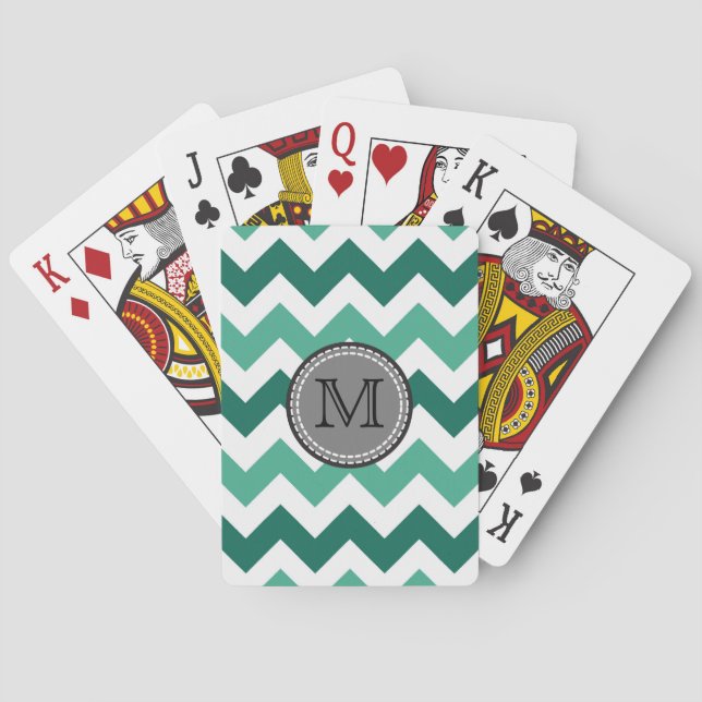 Turquoise and Mint Chevron Zigzag Monogram Playing Cards (Back)