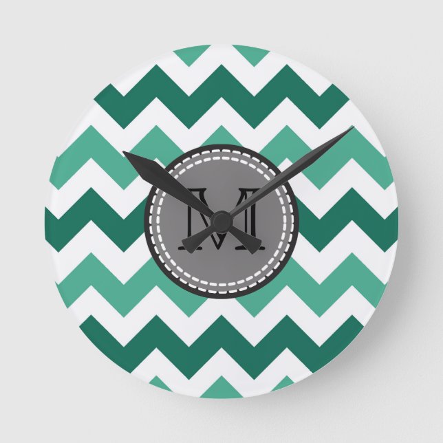 Turquoise and Mint Chevron Zigzag Monogram Round Clock (Front)