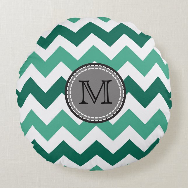 Turquoise and Mint Chevron Zigzag Monogram Round Cushion (Front)