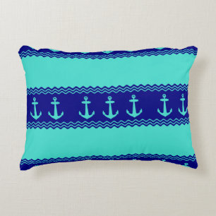 Turquoise And Navy Blue Coastal Pattern Anchors Decorative Cushion