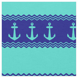 Turquoise And Navy Blue Coastal Pattern Anchors Fabric