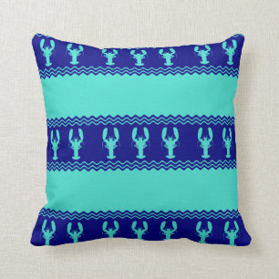 Turquoise and Navy Blue Coastal Pattern Lobster Cushion
