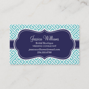 Turquoise and Navy Blue Greek Key Pattern Business Card