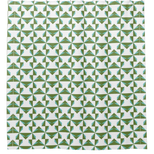 Turquoise and Olive Pinwheel Shower Curtain (Front)