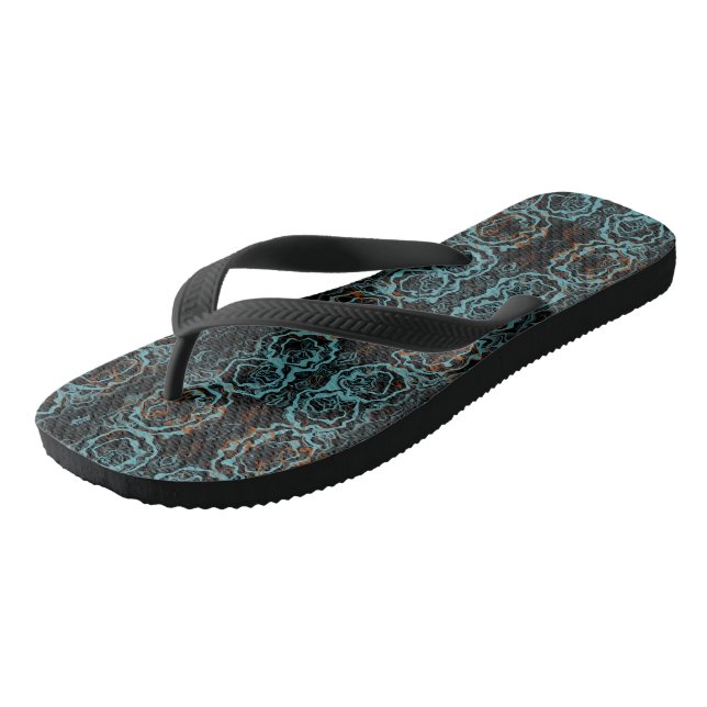 Turquoise and orange abstract flip flops (Angled)