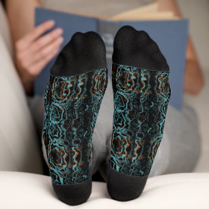 Turquoise and orange abstract socks