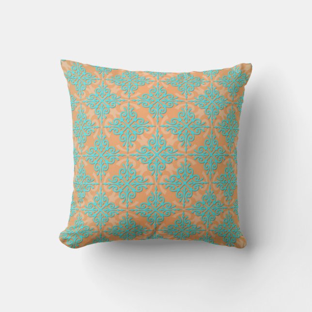 Turquoise and Orange Damask Pattern Cushion (Front)