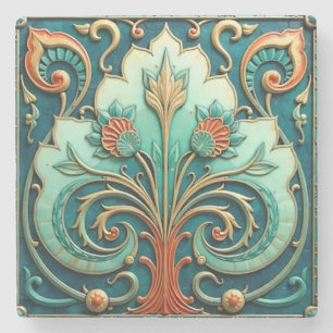 Turquoise and Orange Floral Ornament Stone Coaster