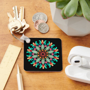 Turquoise And Orange Flower Key Ring