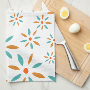 Turquoise And Orange Flowers Mid Century Modern Tea Towel