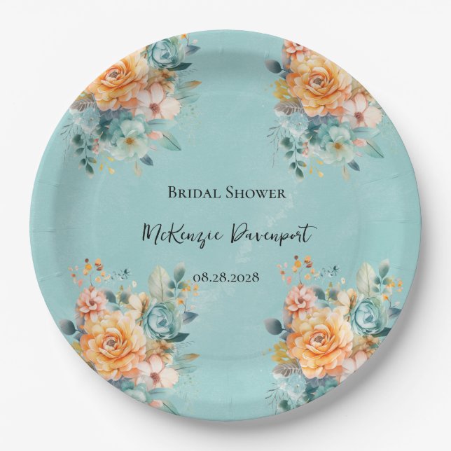 Turquoise and Orange Peony Chic Bridal Shower Paper Plate (Front)